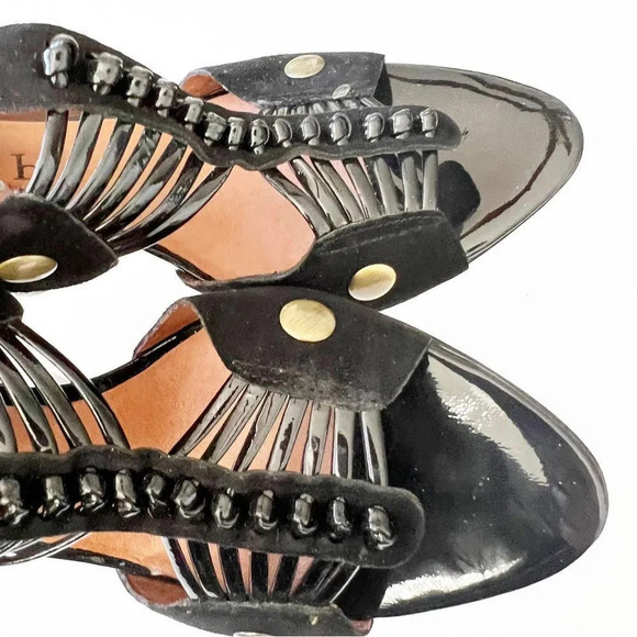 No. 704b Digna Black Suede‎ Caged Heels Wedge Size 37.5 Anthropologie Gold Luxe - Picture 6 of 10